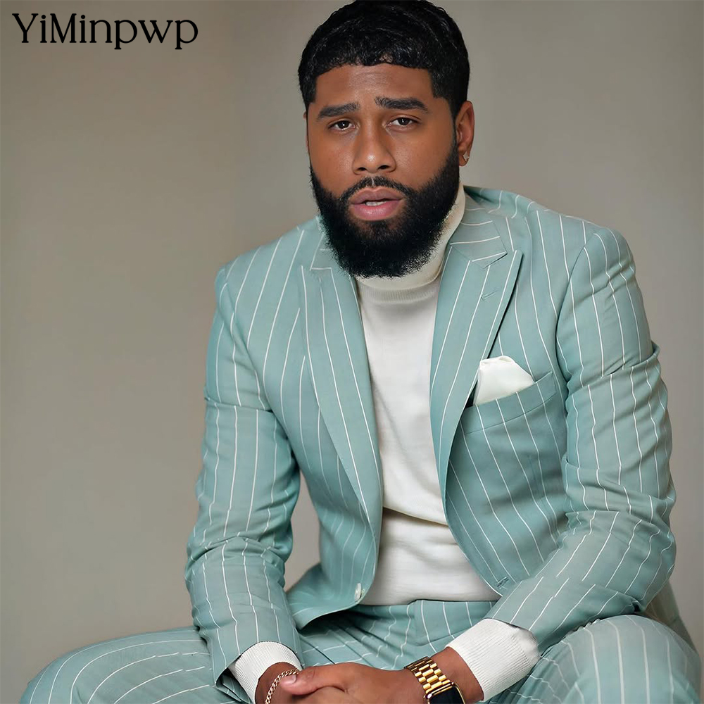 Men Formal Wear Wedding Guest - YiMinpwp Light Green Men's Striped Suit