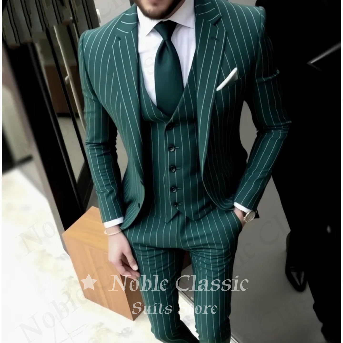 Mens Suit Green Striped Slim F - Men Formal Wear Wedding Guest recension och pris
