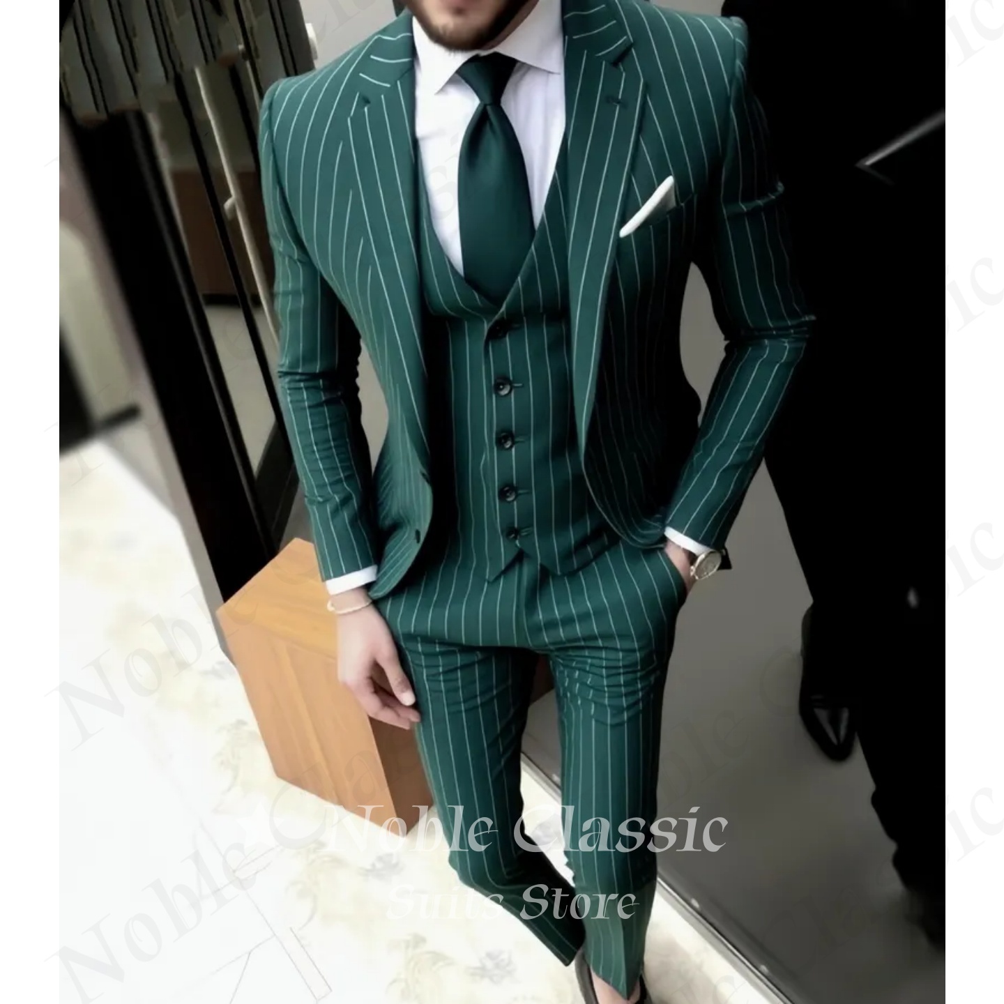 Mens Suit Green Striped Slim F - Men Formal Wear Wedding Guest recension och pris