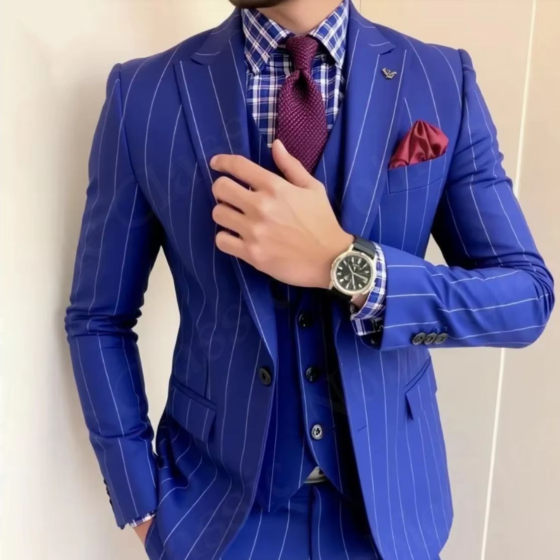 Men Blue Pinstripe 3 Piece Sui - Men Formal Wear Wedding Guest recension och pris
