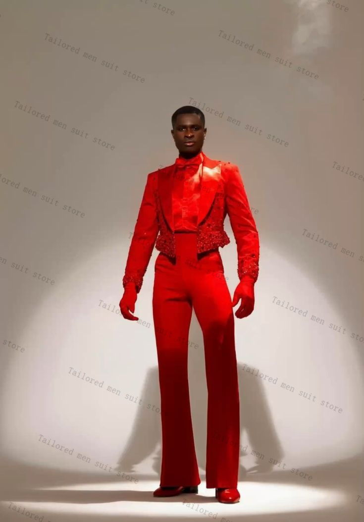 Red Crystals Men Suits Set 2 P - Men Formal Wear Wedding Guest recension och pris